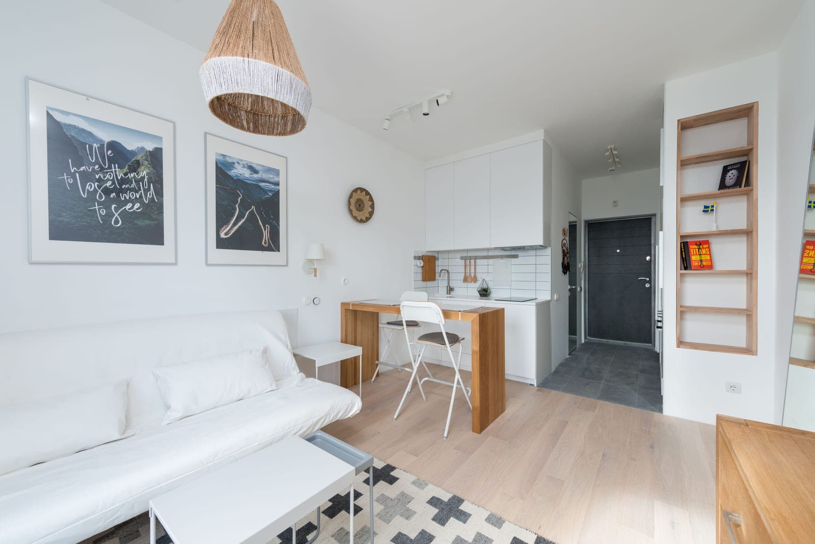 A compact apartment living room with limited free floor space